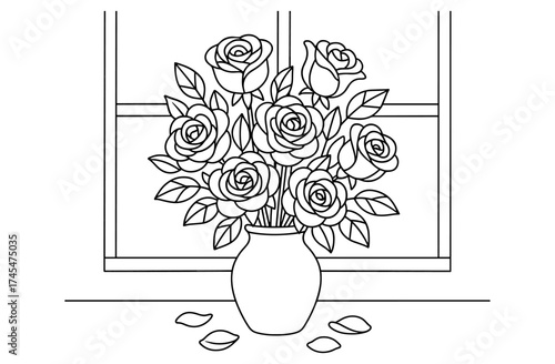 Elegant floral arrangement of roses in vase by the window in line art style