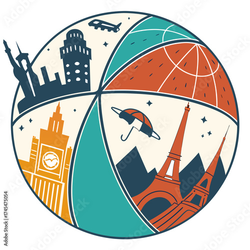 World travel destinations in a circle