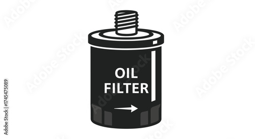 Black cylindrical oil filter with threaded top and directional arrow.