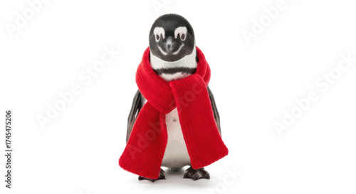 A small happy penguin figurine dressed in a cozy red winter scarf.