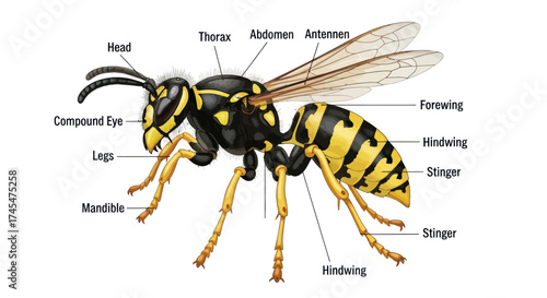 Detailed Illustration of a Yellow and Black Wasp Anatomy.