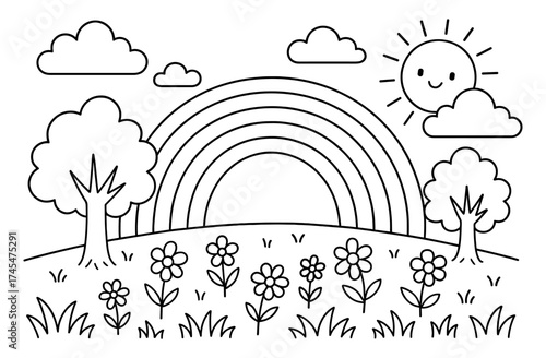 Cute line art landscape with rainbow and smiling sun