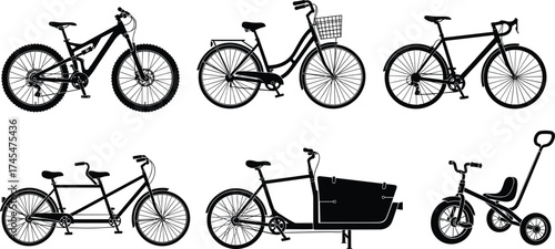 Black silhouette vector illustration, mountain bike, city commuter bicycle, road bike, tandem bicycle, cargo bike, children’s tricycle, cycling transport, line art