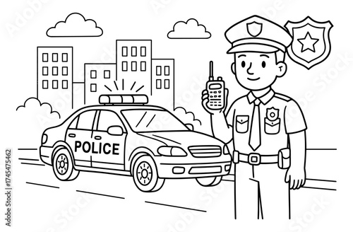 Police officer with car in cityscape coloring page for kids