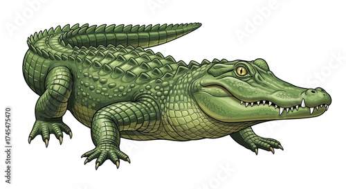 A detailed realistic illustration of a large green alligator with scaly skin and sharp teeth.