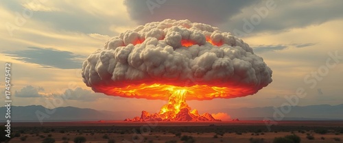Nuclear explosion mushroom cloud rising over desolate landscape, horizon, sky