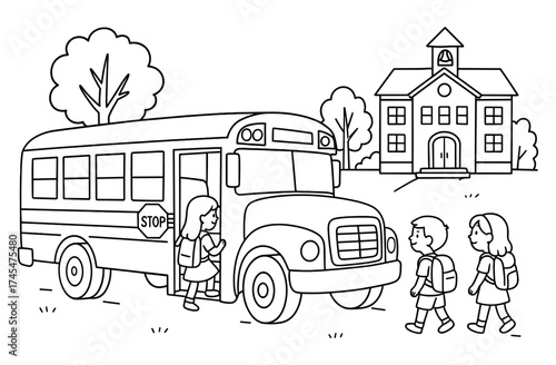 Children boarding school bus in front of school building: black and white cartoon scene