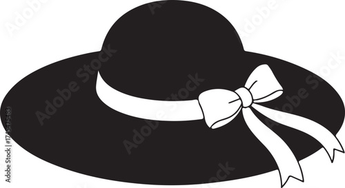 Black wide brim hat with white ribbon bow vector