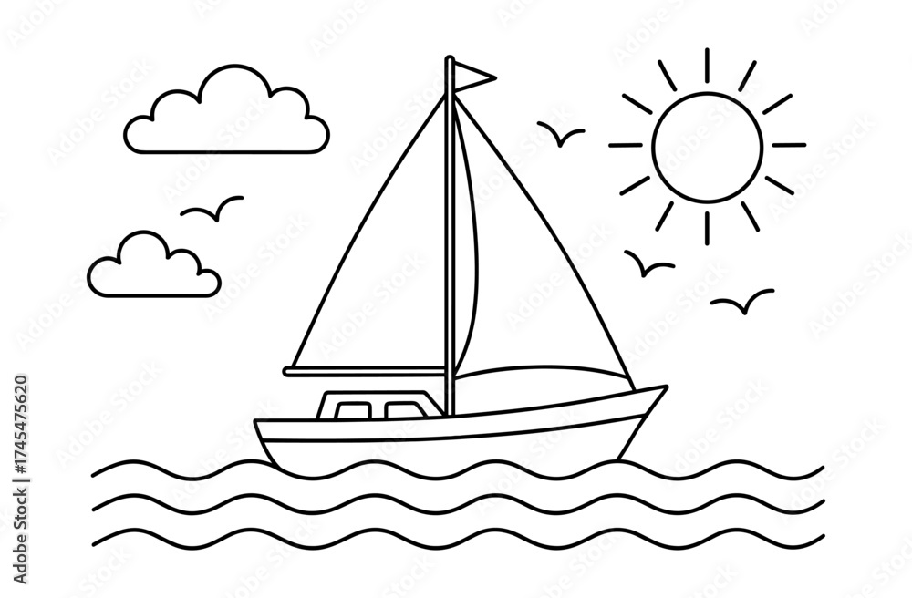 Fototapeta premium Minimalist sailboat outline with waves and sun in nautical theme
