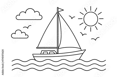 Minimalist sailboat outline with waves and sun in nautical theme