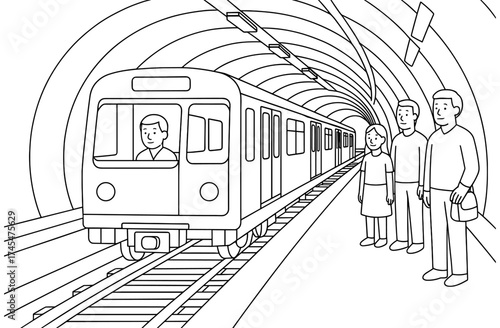 Linear art of subway train in underground tunnel with passengers