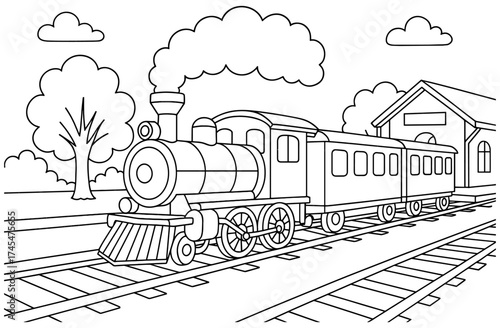 Cute steam train scene for kids coloring book with railway station