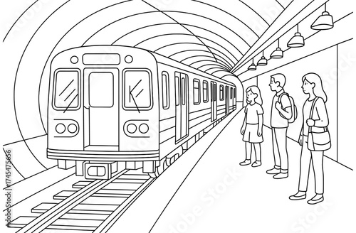 Urban subway train arriving at station with waiting passengers in linear style