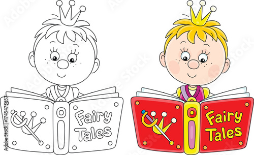 Little prince with a small gold crown reading a book of fairy tales, color and black-and-white vector cartoon illustrations