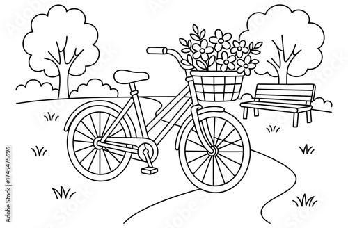 Linear park scene with bicycle and flower basket for coloring
