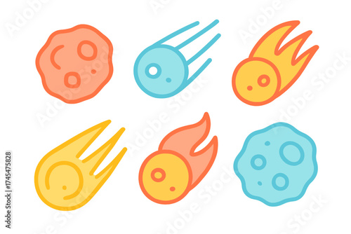 Set of six colorful cosmic objects including asteroids and burning meteors