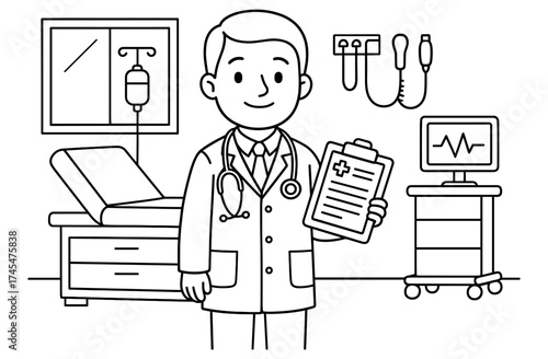 Friendly doctor in hospital room with medical equipment in outline style