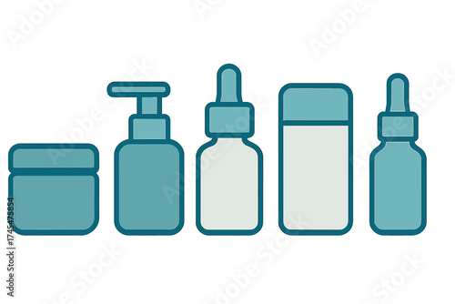 Collection of cosmetic and skincare product packaging containers in simple graphic style