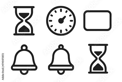 Set of time and alert line icons including hourglass, stopwatch, and alarm bells