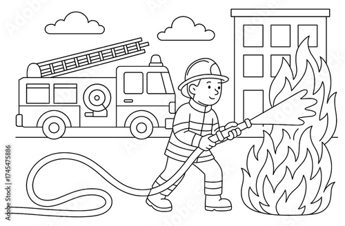 Coloring page of firefighter extinguishing flames with fire truck and building in background