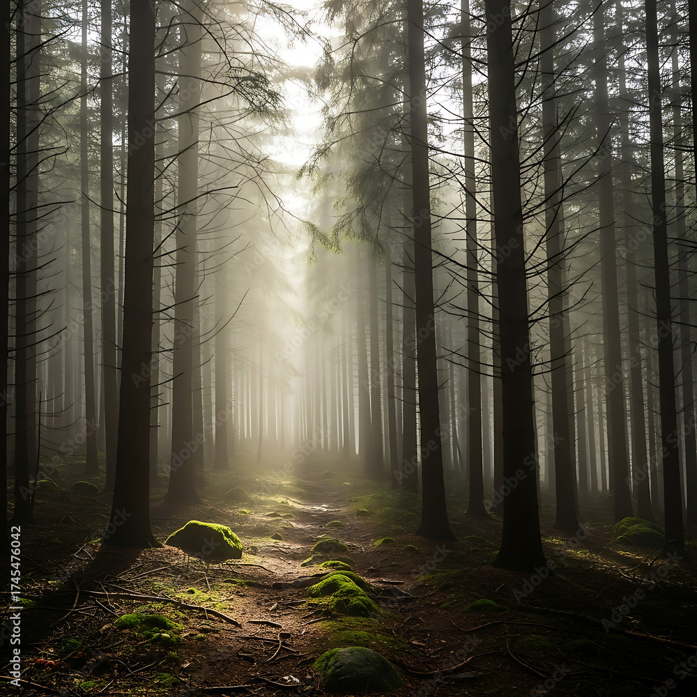 Fototapeta premium Misty Forest Path Illuminated by Sunlight Through Towering Trees