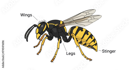 Detailed Illustration of a Yellow and Black Wasp with Wings.