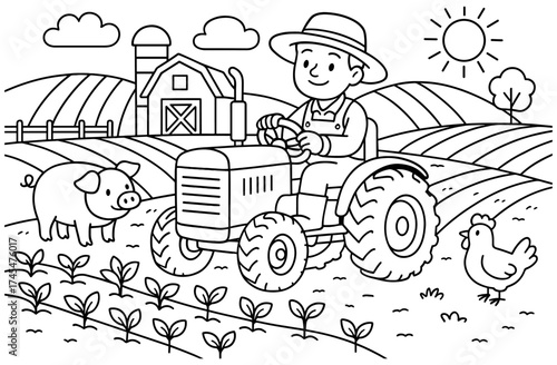 Charming farm scene with farmer on tractor in black and white outline