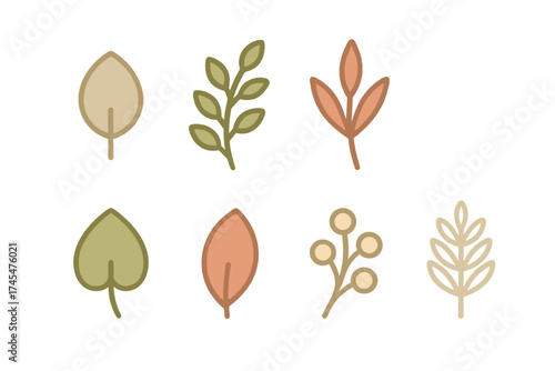Minimalist set of fall foliage and natural elements with various leaf shapes and berries