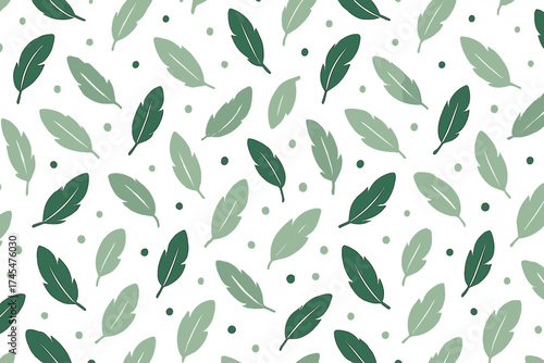 Seamless pattern with stylized green feathers and small dots scattered on a white background