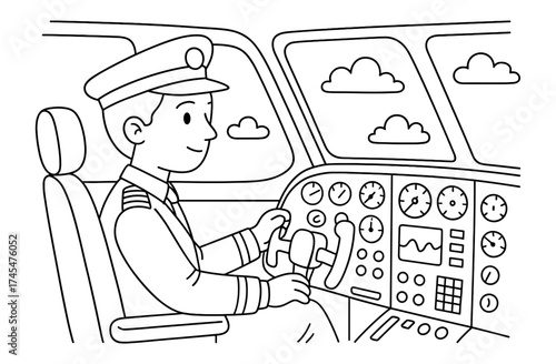 Airplane cockpit coloring page for kids featuring pilot and control panel