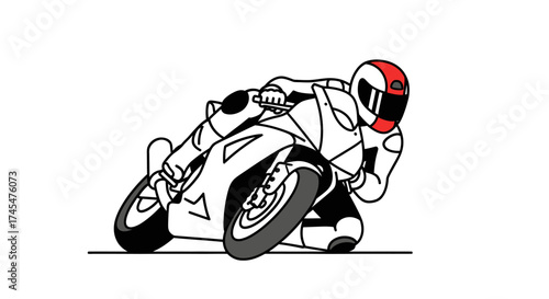 Motorcycle Racer Leaning into a Turn with Red Helmet Detail.