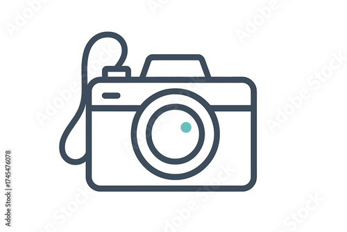 Minimalist outline icon of a compact digital camera with a strap for photography and media