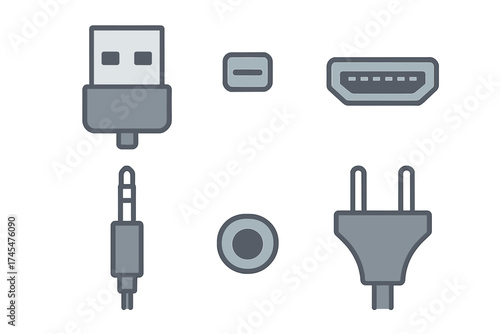 Essential technology connection symbols including USB, HDMI, audio, and power jacks