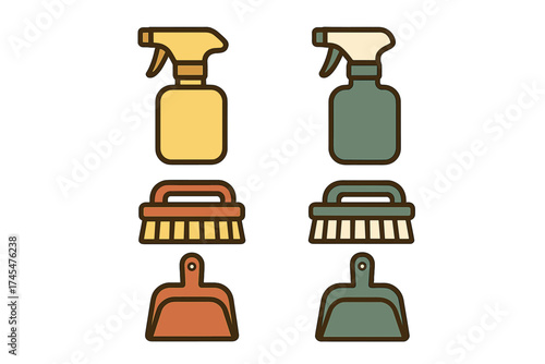 Set of household cleaning supplies icons including spray bottles and scrubbing brushes