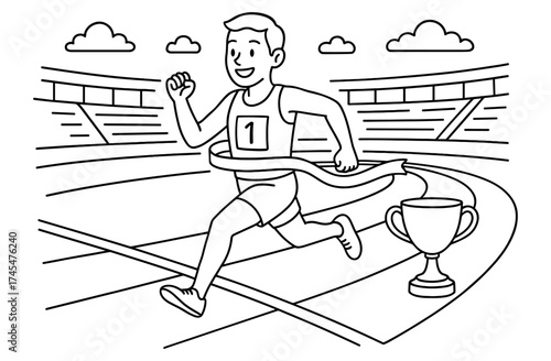 Winning moment: male runner crossing finish line in coloring book style at stadium with trophy