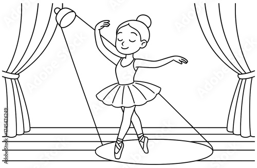 Charming ballerina on stage in spotlight - black and white outline art
