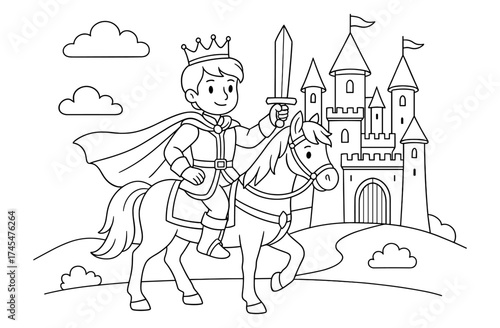 Kingdom adventure: young knight on horseback in front of castle line art