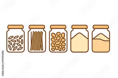 Collection of five glass jars filled with assorted dry food ingredients and pantry staples