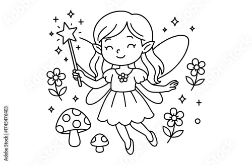 Whimsical fairy with magic wand in enchanted garden line art coloring page
