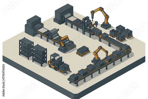 Automated industrial manufacturing process with robotic arms, conveyor system, and material handling equipment