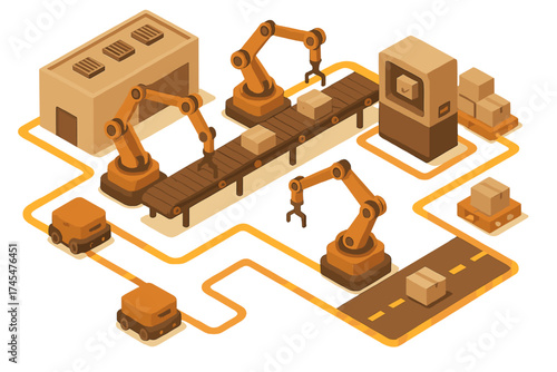 Automated smart factory production line with robotic arms, conveyor belt, and AGV logistics system