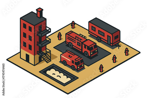 Isometric fire station complex with emergency vehicles, residential building, and fire hydrants