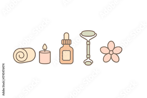 Minimalist spa and beauty objects: rolled towel, burning candle, serum bottle, jade roller, and flower