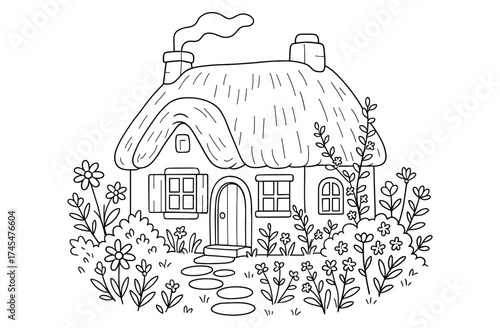 Charming cottage with floral garden in black and white line art style