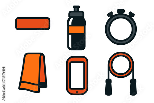 Essential gym and fitness equipment set featuring water bottle, stopwatch, and jump rope