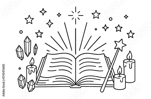 Magical open book with crystals, stars, and candles in line art style