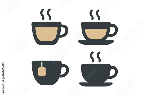Four simple graphic symbols depicting various hot drinks and steaming beverages