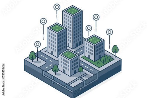 Isometric urban block with smart buildings, green roofs, roads, and underground utilities