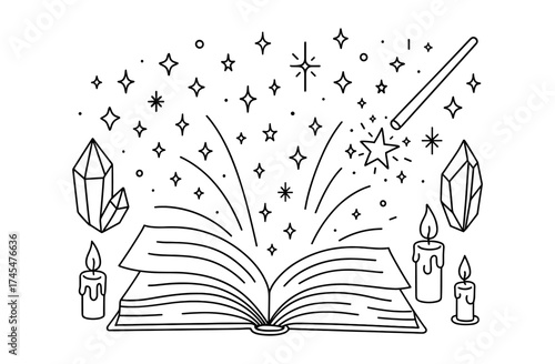 Magical line art: open book with wand, crystals, and floating stars