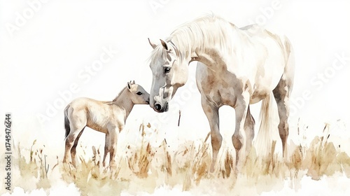 Watercolor painting of a mare tenderly nuzzling her light-brown foal in a field of tall, dry grass